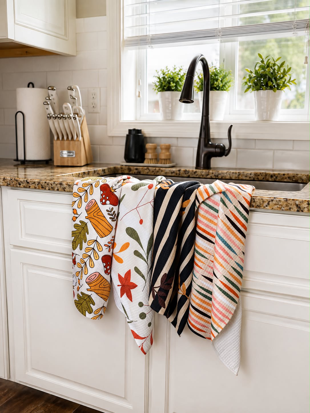 Folded hand towels stacked beside a kitchen sink